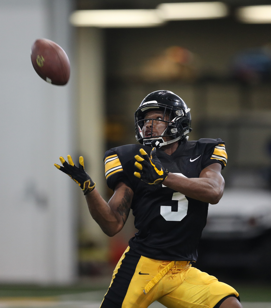Iowa Hawkeyes wide receiver Tyrone Tracy Jr. (3) During Fall Camp Practice No. 6 Thursday, August 8, 2019 at the Ronald D. and Margaret L. Kenyon Football Practice Facility. (Brian Ray/hawkeyesports.com)