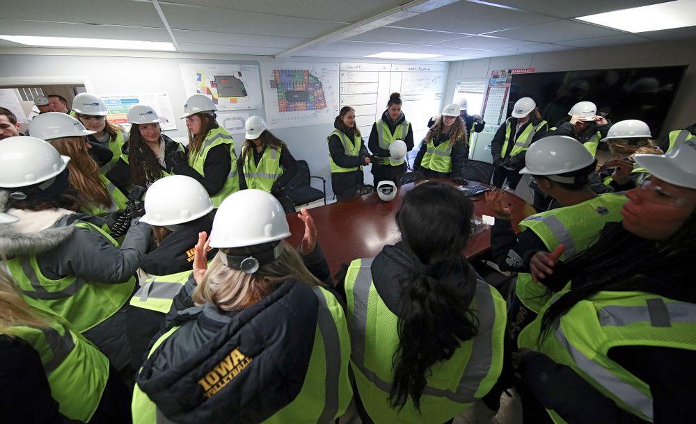 The Iowa Volleyball team and staff puts on personal protective equipment as they prepare to take a construction tour of Xtream Arena in Coralville on Thursday, January 30, 2020. (Stephen Mally/hawkeyesports.com)