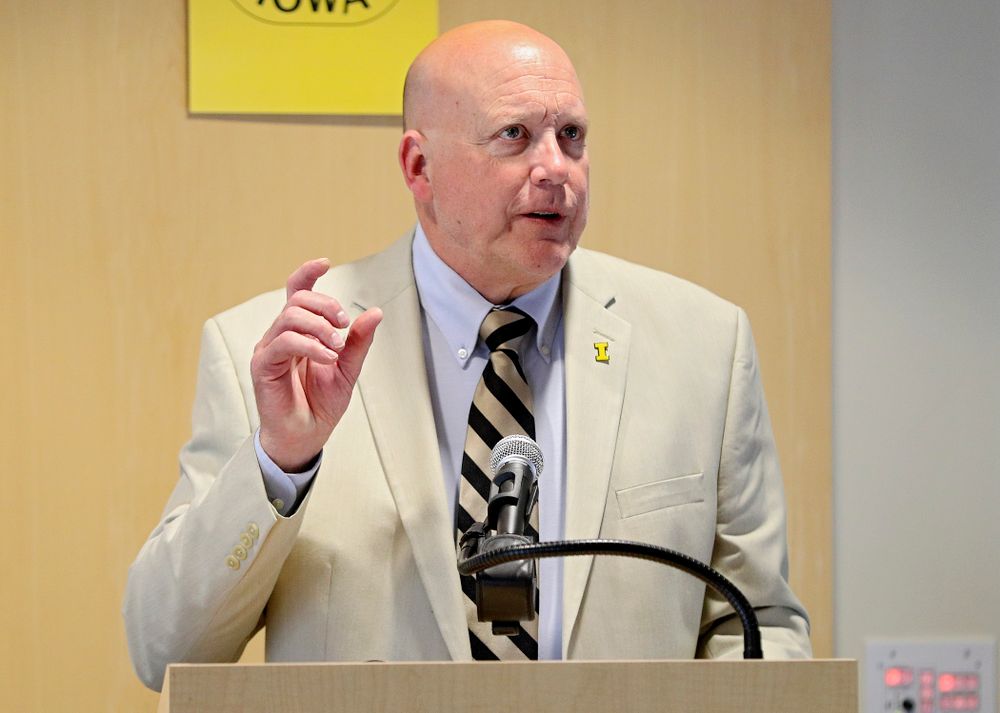 Mayor John Lundell, City of Coralville, speaks during the press conference to discuss FryFEST and announce the 2019 Iowa Athletics Hall of Fame members in the Varsity Club Room at the University of Iowa Athletics Hall of Fame in Iowa City on Tuesday, Jun 11, 2019. (Stephen Mally/hawkeyesports.com)