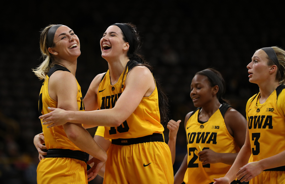 Iowa Hawkeyes forward Megan Gustafson (10) and forward Hannah Stewart (21) against the Robert Morris Colonials Sunday, December 2, 2018 at Carver-Hawkeye Arena. (Brian Ray/hawkeyesports.com)