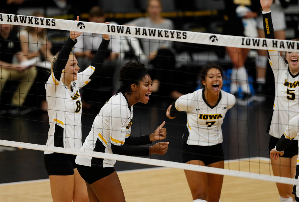 Iowa Hawkeyes middle blocker Amiya Jones (9) against Eastern Illinois Sunday, September 9, 2018 at Carver-Hawkeye Arena. (Brian Ray/hawkeyesports.com)