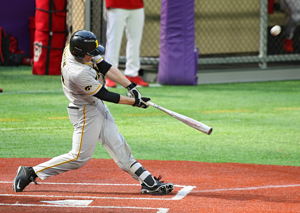 Iowa Hawkeyes catcher Austin Martin (34) bats during the fourth inning of their CambriaCollegeClassic game at U.S. Bank Stadium in Minneapolis, Minn. on Friday, February 28, 2020. (Stephen Mally/hawkeyesports.com)