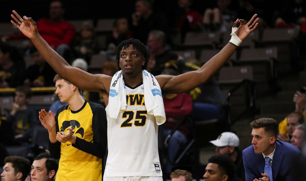 Iowa Hawkeyes forward Tyler Cook (25) reacts after a made 3-pointer during a game against Guilford College at Carver-Hawkeye Arena on November 4, 2018. (Tork Mason/hawkeyesports.com)