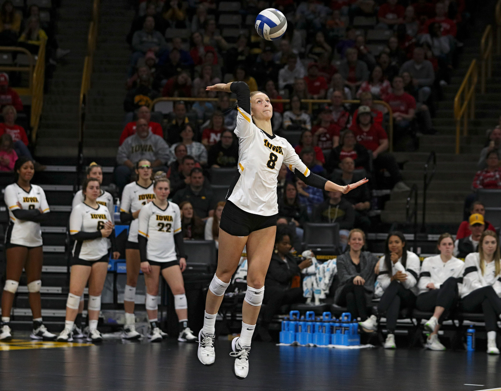 Iowa’s Kyndra Hansen (8) serves during the second set of their match against Nebraska at Carver-Hawkeye Arena in Iowa City on Saturday, Nov 9, 2019. (Stephen Mally/hawkeyesports.com)