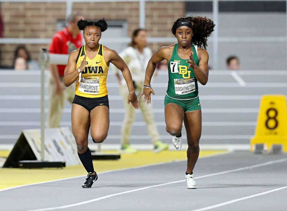 Iowa’s Lasarah Hargrove runs the women’s 60 meter dash premier event during the Larry Wieczorek Invitational at the Recreation Building in Iowa City on Saturday, January 18, 2020. (Stephen Mally/hawkeyesports.com)