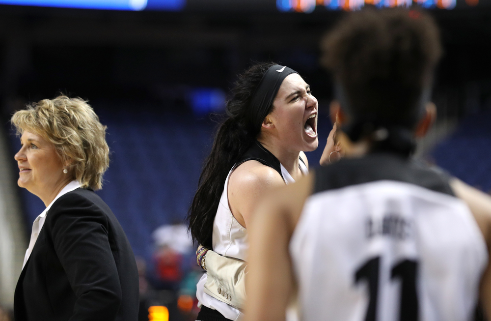 Iowa Hawkeyes forward Megan Gustafson (10) against the NC State Wolfpack in the regional semi-final of the 2019 NCAA Women's College Basketball Tournament Saturday, March 30, 2019 at Greensboro Coliseum in Greensboro, NC.(Brian Ray/hawkeyesports.com)