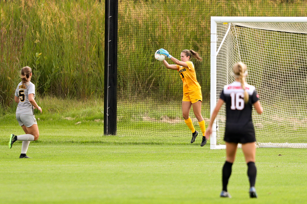 Iowa goalkeeper Claire Graves (1) grabs the ball during the first half of their match at the Iowa Soccer Complex in Iowa City on Sunday, Sep 1, 2019. (Stephen Mally/hawkeyesports.com)