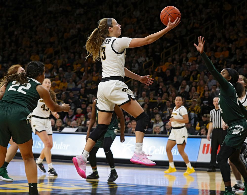 Iowa Hawkeyes guard Makenzie Meyer (3) puts up a shot during the third quarter of their game at Carver-Hawkeye Arena in Iowa City on Sunday, January 26, 2020. (Stephen Mally/hawkeyesports.com)