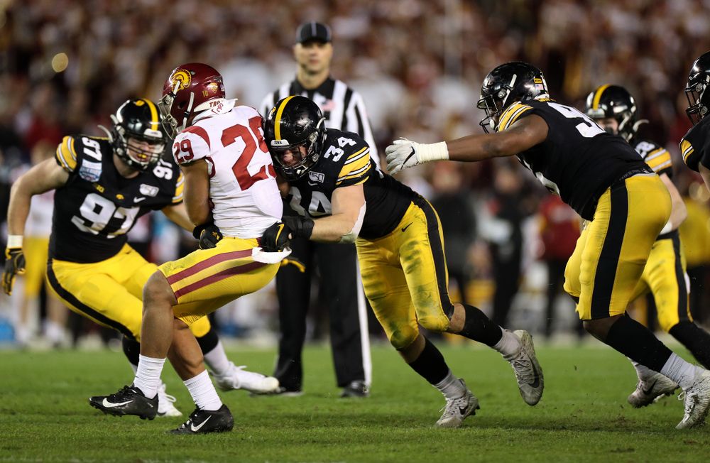 Iowa Hawkeyes linebacker Kristian Welch (34) against USC in the Holiday Bowl Friday, December 27, 2019 at San Diego Community Credit Union Stadium. (Brian Ray/hawkeyesports.com)