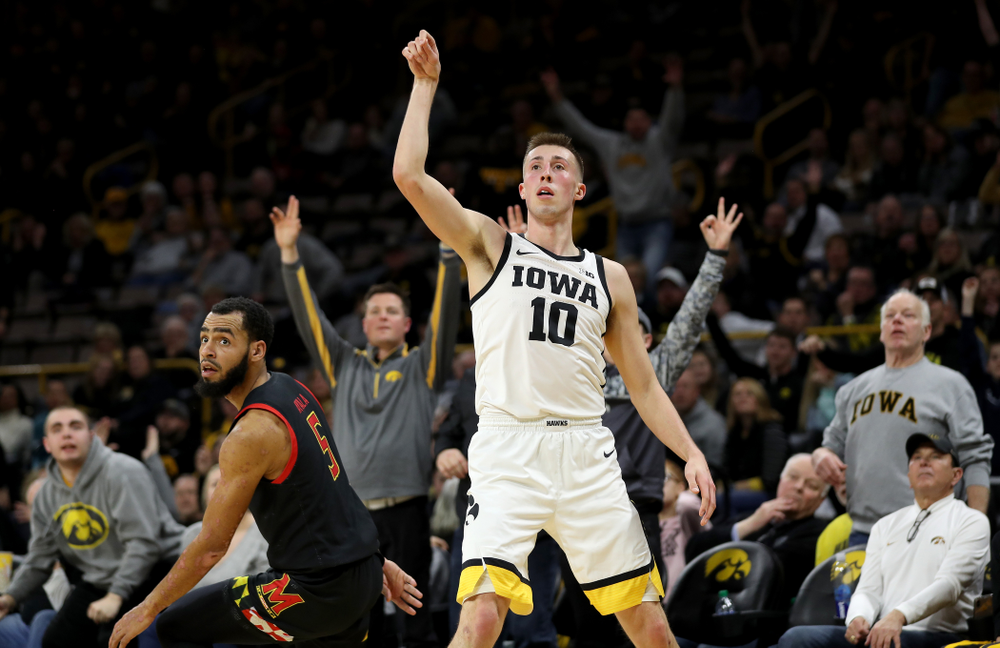 Iowa Hawkeyes guard Joe Wieskamp (10) celebrates a three point basket against the Maryland Terrapins Friday, January 10, 2020 at Carver-Hawkeye Arena. (Brian Ray/hawkeyesports.com)