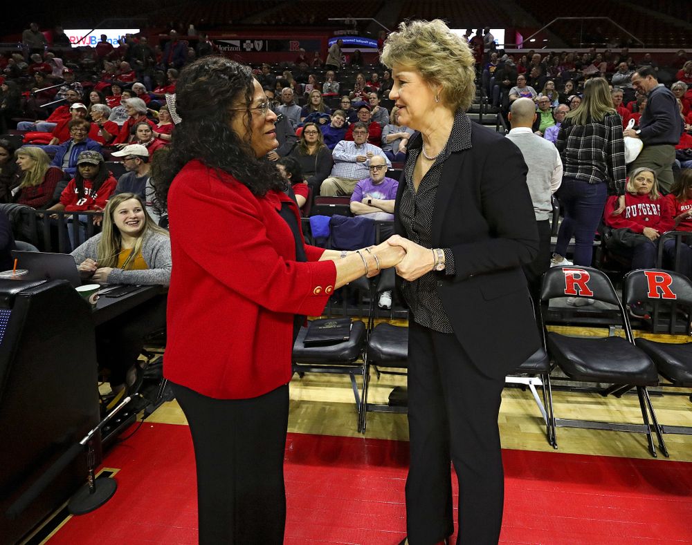Rutgers head coach C. Vivian Stringer greets Iowa head coach Lisa Bluder before their game at the Rutgers Athletic Center in Piscataway, N.J. on Sunday, March 1, 2020. (Stephen Mally/hawkeyesports.com)
