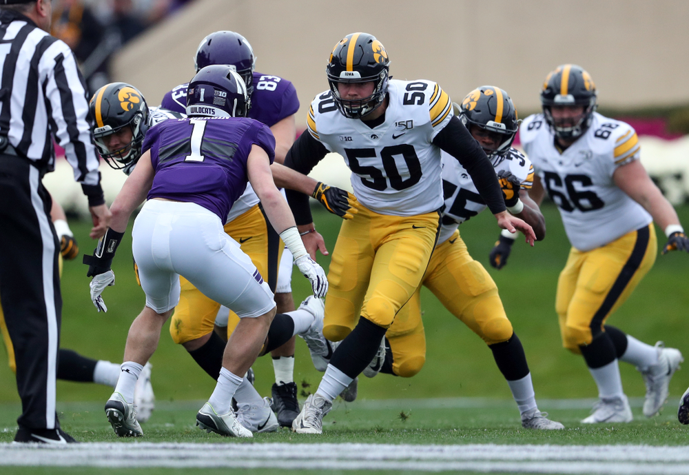 Iowa Hawkeyes long snapper Jackson Subbert (50) against the Northwestern Wildcats Saturday, October 26, 2019 at Ryan Field in Evanston, Ill. (Brian Ray/hawkeyesports.com)