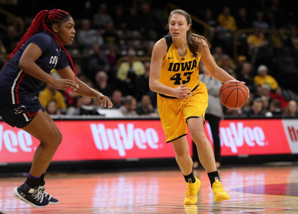 Iowa Hawkeyes forward Amanda Ollinger (43) against the Robert Morris Colonials Sunday, December 2, 2018 at Carver-Hawkeye Arena. (Brian Ray/hawkeyesports.com)