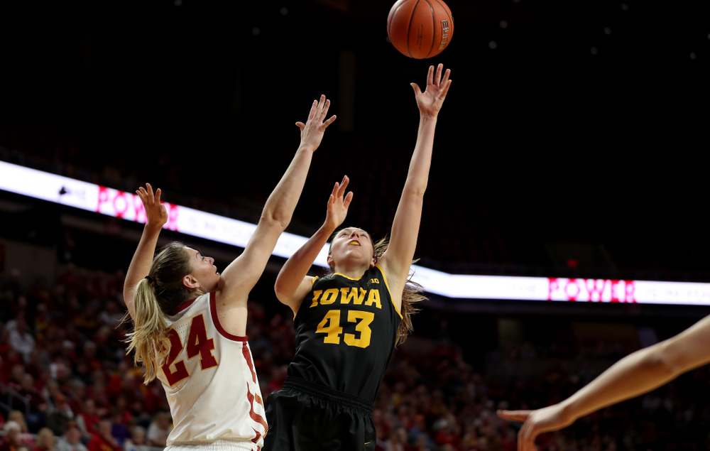 Iowa Hawkeyes forward Amanda Ollinger (43) against the Iowa State Cyclones Wednesday, December 11, 2019 at Hilton Coliseum in Ames, Iowa(Brian Ray/hawkeyesports.com)