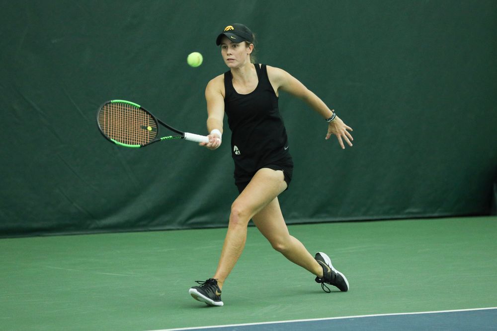 Iowa’s Elise van Heuvelen during the Iowa women’s tennis meet vs DePaul on Friday, February 21, 2020 at the Hawkeye Tennis and Recreation Complex. (Lily Smith/hawkeyesports.com)