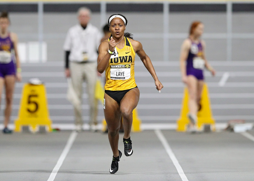 Iowa’s Jada Laye runs in the women’s 60 meter dash prelim event during the Hawkeye Invitational at the Recreation Building in Iowa City on Saturday, January 11, 2020. (Stephen Mally/hawkeyesports.com)