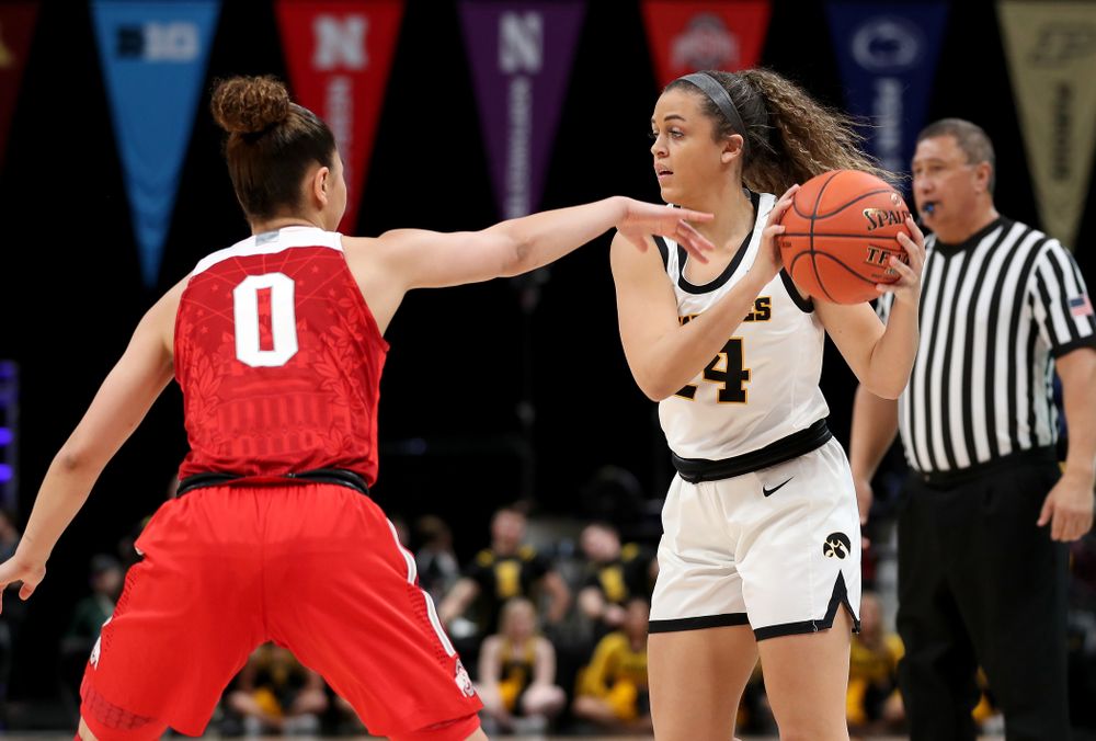 Iowa Hawkeyes guard Gabbie Marshall (24) against Ohio State in the quarterfinals of the Big Ten Basketball Tournament Friday, March 6, 2020 at Bankers Life Fieldhouse in Indianapolis. (Brian Ray/hawkeyesports.com)