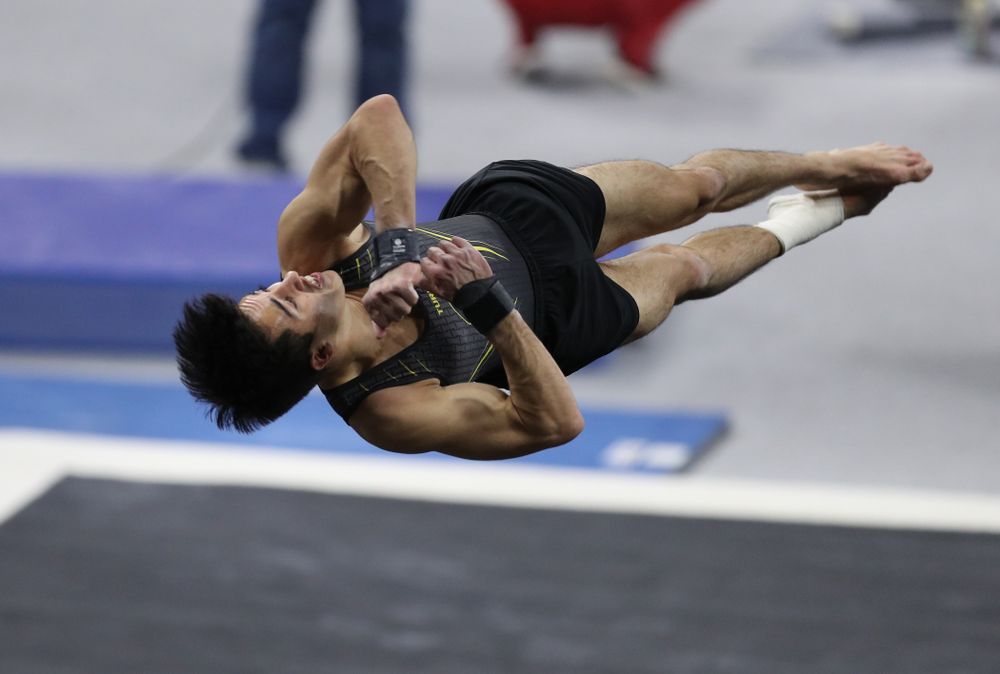 Iowa's Andrew Herrador competes on the floor against Oklahoma Saturday, February 9, 2019 at Carver-Hawkeye Arena. (Brian Ray/hawkeyesports.com)