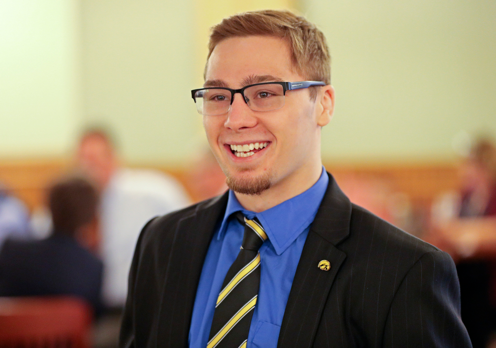 Iowa's Spencer Lee talks with people before being honored at the Iowa State Capitol Building on Tuesday, Apr. 9, 2019. (Stephen Mally/hawkeyesports.com)
