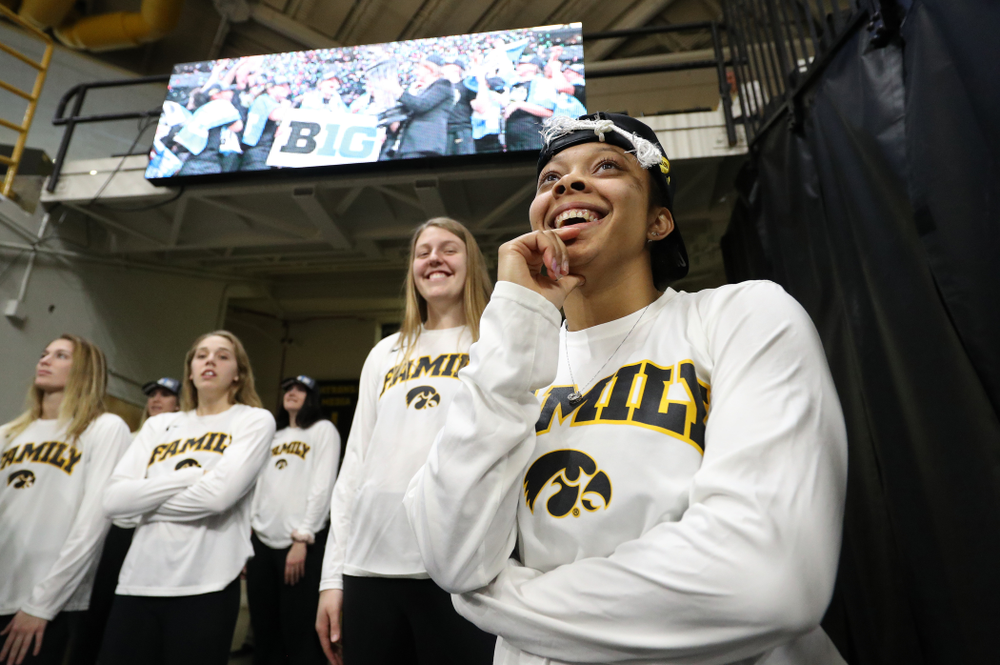 Iowa Hawkeyes guard Tania Davis (11) during a celebration of their Big Ten Women's Basketball Tournament championship Monday, March 18, 2019 at Carver-Hawkeye Arena. (Brian Ray/hawkeyesports.com)