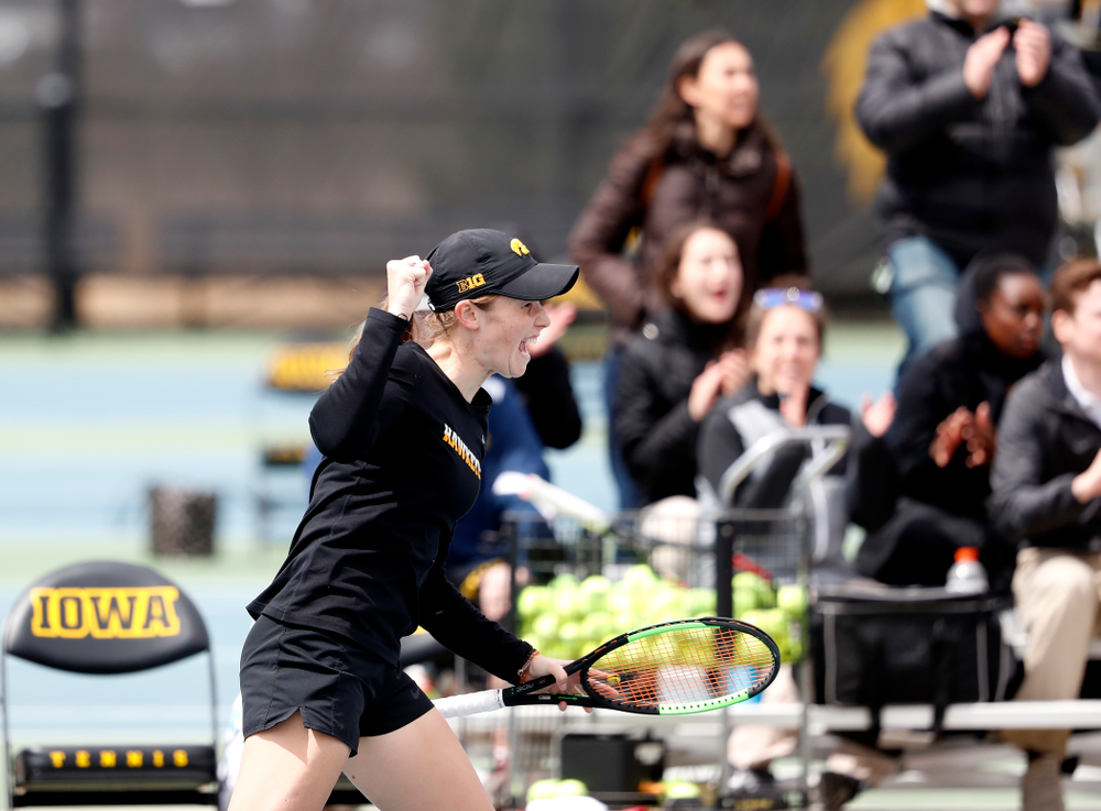 Elise Van Heuvelen and Anastasia Reimchen play a doubles match against the Wisconsin Badgers Sunday, April 22, 2018 at the Hawkeye Tennis and Recreation Center. (Brian Ray/hawkeyesports.com)