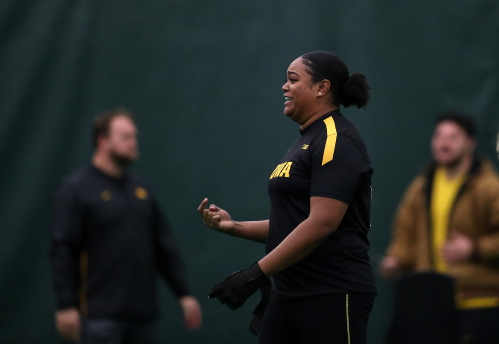 Iowa's Laulauga Tausaga sets a school record in the weight throw Friday, January 11, 2019 at the Hawkeye Tennis and Recreation Center. Tausaga set the new mark with a throw of 20.67m, 67-9 3/4. (Brian Ray/hawkeyesports.com)