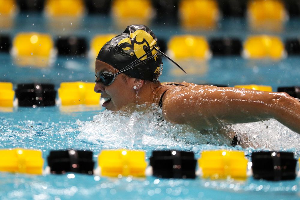 Iowa's Morgan Grout swims the 200-yard butterfly against the Iowa State Cyclones in the Iowa Corn Cy-Hawk Series Friday, December 7, 2018 at at the Campus Recreation and Wellness Center. (Brian Ray/hawkeyesports.com)