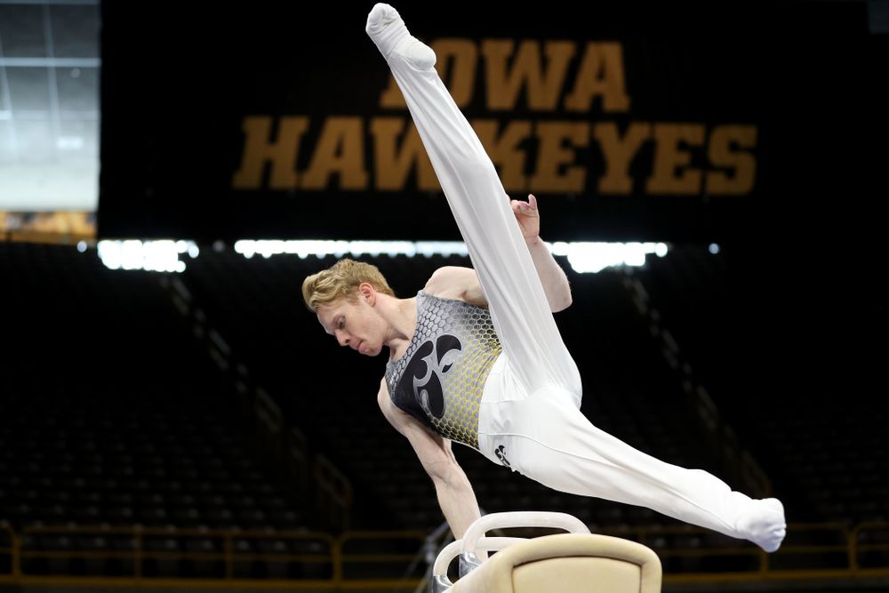 Iowa’s Nick Merryman competes on the pommel horse against Illinois Sunday, March 1, 2020 at Carver-Hawkeye Arena. (Brian Ray/hawkeyesports.com)