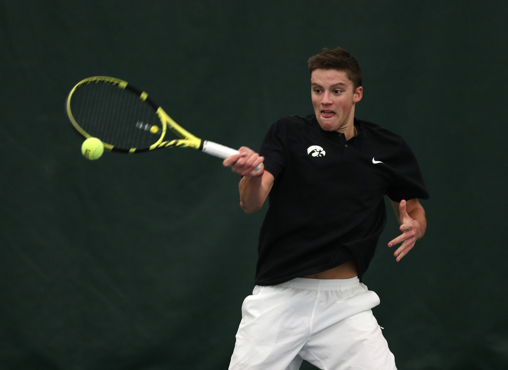 Joe Tyler against Utah Sunday, February 10, 2019 at the Hawkeye Tennis and Recreation Complex. (Brian Ray/hawkeyesports.com)