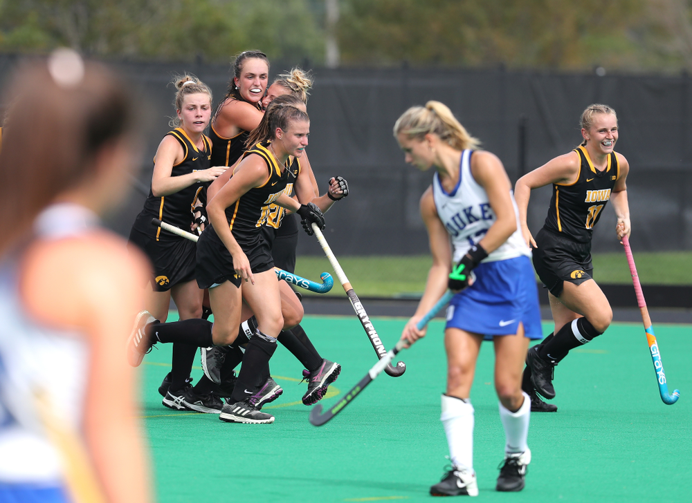 Iowa Hawkeyes defenseman Anthe Nijziel (6) celebrates after scoring against the Duke Blue Devils Sunday, September 15, 2019 at Grant Field. (Brian Ray/hawkeyesports.com)