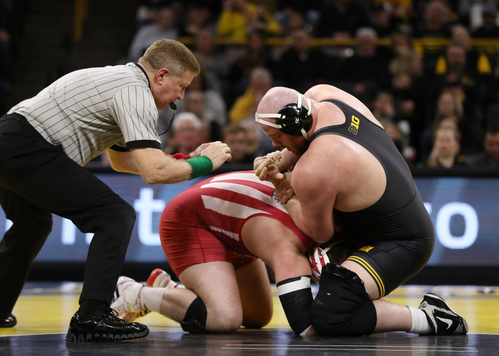 Iowa's Sam Stoll wrestles Indiana's Fletcher Miller at heavyweight Friday, February 15, 2019 at Carver-Hawkeye Arena. (Brian Ray/hawkeyesports.com)