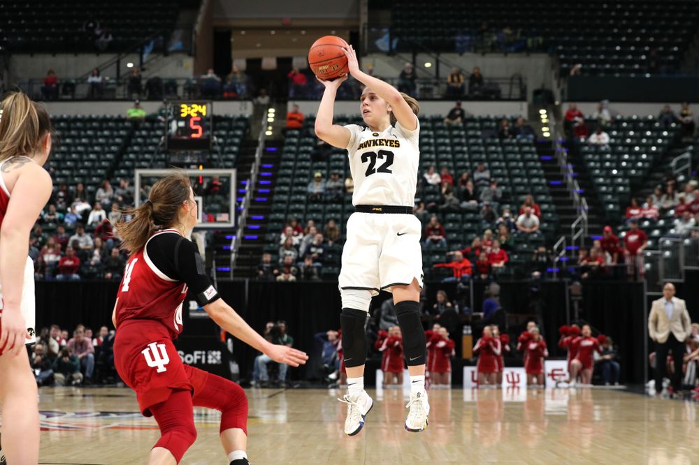 Iowa Hawkeyes guard Kathleen Doyle (22) against the Indiana Hoosiers in the quarterfinals of the Big Ten Tournament Friday, March 8, 2019 at Bankers Life Fieldhouse in Indianapolis, Ind. (Brian Ray/hawkeyesports.com)