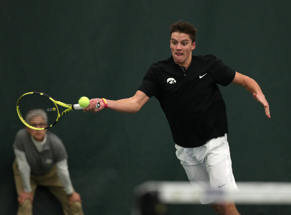 Joe Tyler against Utah Sunday, February 10, 2019 at the Hawkeye Tennis and Recreation Complex. (Brian Ray/hawkeyesports.com)