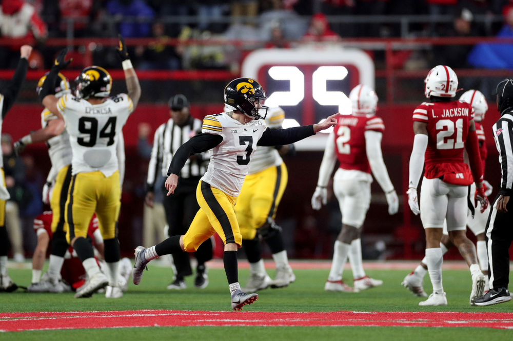 Iowa Hawkeyes place kicker Keith Duncan (3) celebrates after kicking the game winning field goal against the Nebraska Cornhuskers Friday, November 29, 2019 at Memorial Stadium in Lincoln, Neb. (Brian Ray/hawkeyesports.com)