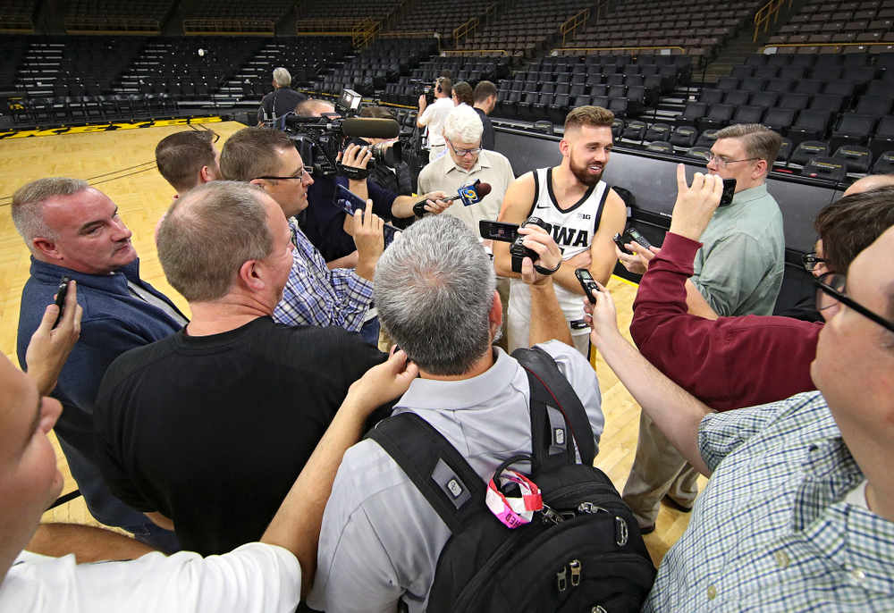 Iowa Hawkeyes guard Jordan Bohannon (3) answers questions during Iowa Men’s Basketball Media Day at Carver-Hawkeye Arena in Iowa City on Wednesday, Oct 9, 2019. (Stephen Mally/hawkeyesports.com)