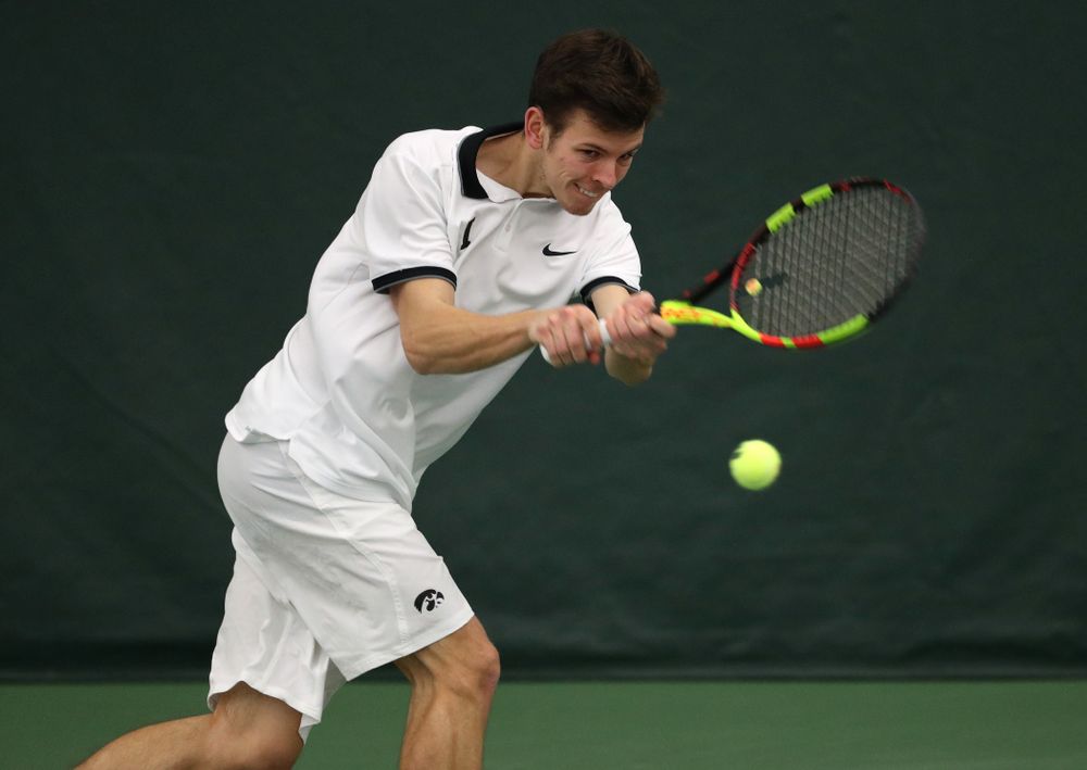 Iowa's Piotr Smietana against North Dakota Friday, January 25, 2019 at the Hawkeye Tennis and Recreation Complex. (Brian Ray/hawkeyesports.com)