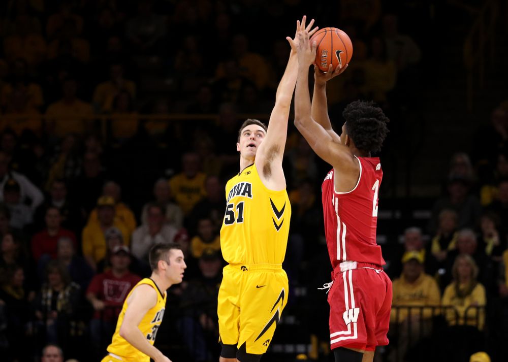 Iowa Hawkeyes forward Nicholas Baer (51) against the Wisconsin Badgers Friday, November 30, 2018 at Carver-Hawkeye Arena. (Brian Ray/hawkeyesports.com)