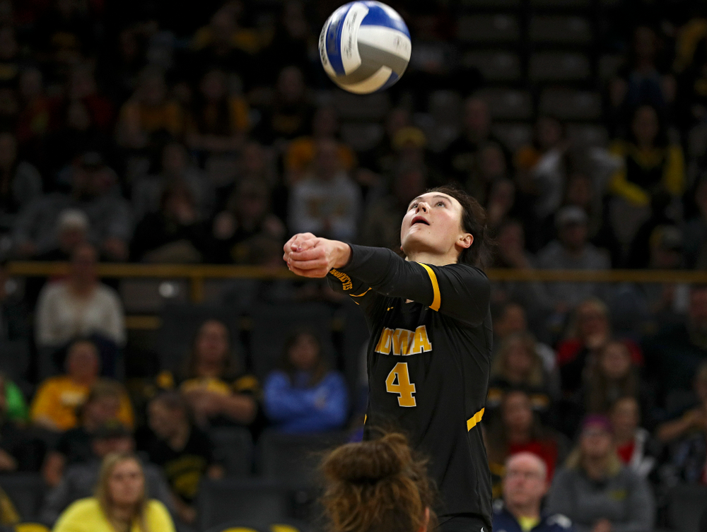 Iowa’s Halle Johnston (4) eyes the ball during the third set of their match against Nebraska at Carver-Hawkeye Arena in Iowa City on Saturday, Nov 9, 2019. (Stephen Mally/hawkeyesports.com)