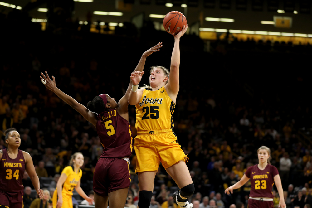 Iowa Hawkeyes forward/center Monika Czinano (25) against the Minnesota Golden Gophers Thursday, February 27, 2020 at Carver-Hawkeye Arena. (Brian Ray/hawkeyesports.com)