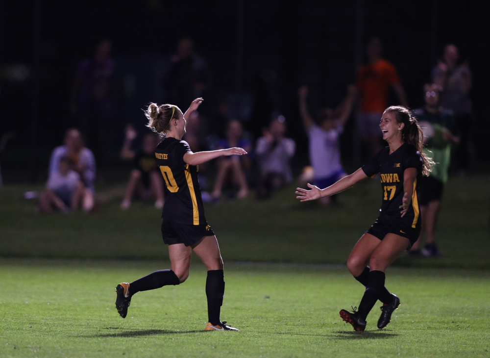 Iowa Hawkeyes midfielder/defender Natalie Winters (10) and defender Hannah Drkulec (17) celebrate a goal during a 2-1 victory over the Iowa State Cyclones Thursday, August 29, 2019 in the Iowa Corn Cy-Hawk series at the Iowa Soccer Complex. (Brian Ray/hawkeyesports.com)
