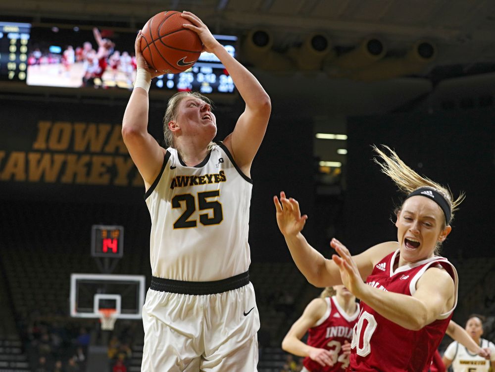 Iowa Hawkeyes forward Monika Czinano (25) scores a basket during the second quarter of their game at Carver-Hawkeye Arena in Iowa City on Sunday, January 12, 2020. (Stephen Mally/hawkeyesports.com)