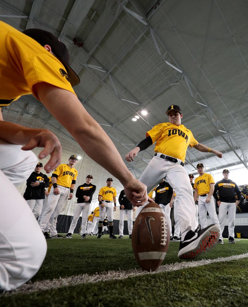 Iowa Hawkeyes Jackson Vines (11) attempts to kick a field goal before practice Thursday, February 6, 2020 at the Indoor Practice Facility. (Brian Ray/hawkeyesports.com)