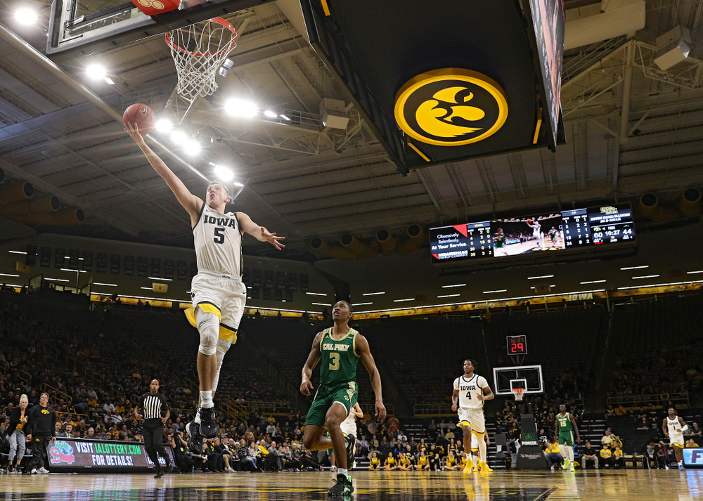 Iowa Hawkeyes guard CJ Fredrick (5) scores a basket during the second half of their game at Carver-Hawkeye Arena in Iowa City on Sunday, Nov 24, 2019. (Stephen Mally/hawkeyesports.com)