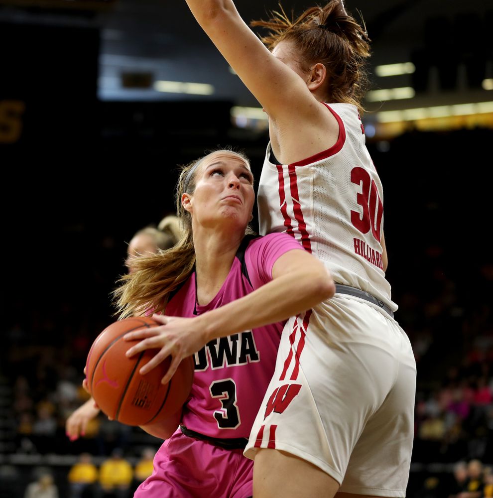 Iowa Hawkeyes guard Makenzie Meyer (3) against the Wisconsin Badgers Sunday, February 16, 2020 at Carver-Hawkeye Arena. (Brian Ray/hawkeyesports.com)