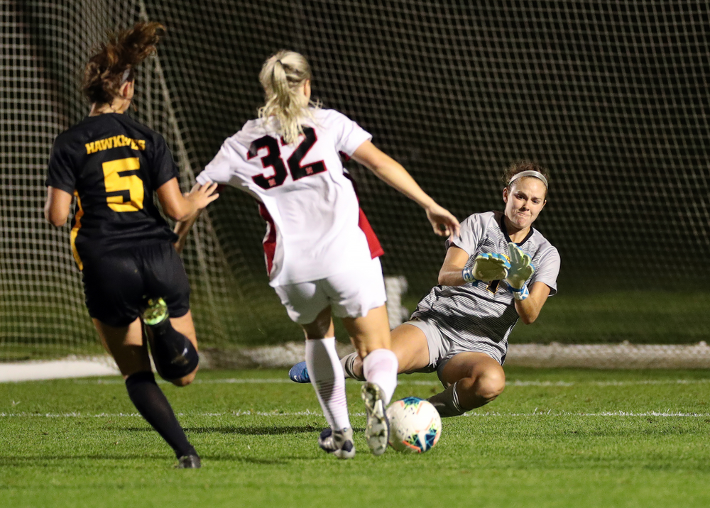 Iowa Hawkeyes goalkeeper Claire Graves (1) makes a save against the Nebraska Cornhuskers Thursday, October 3, 2019 at the Iowa Soccer Complex. (Brian Ray/hawkeyesports.com)