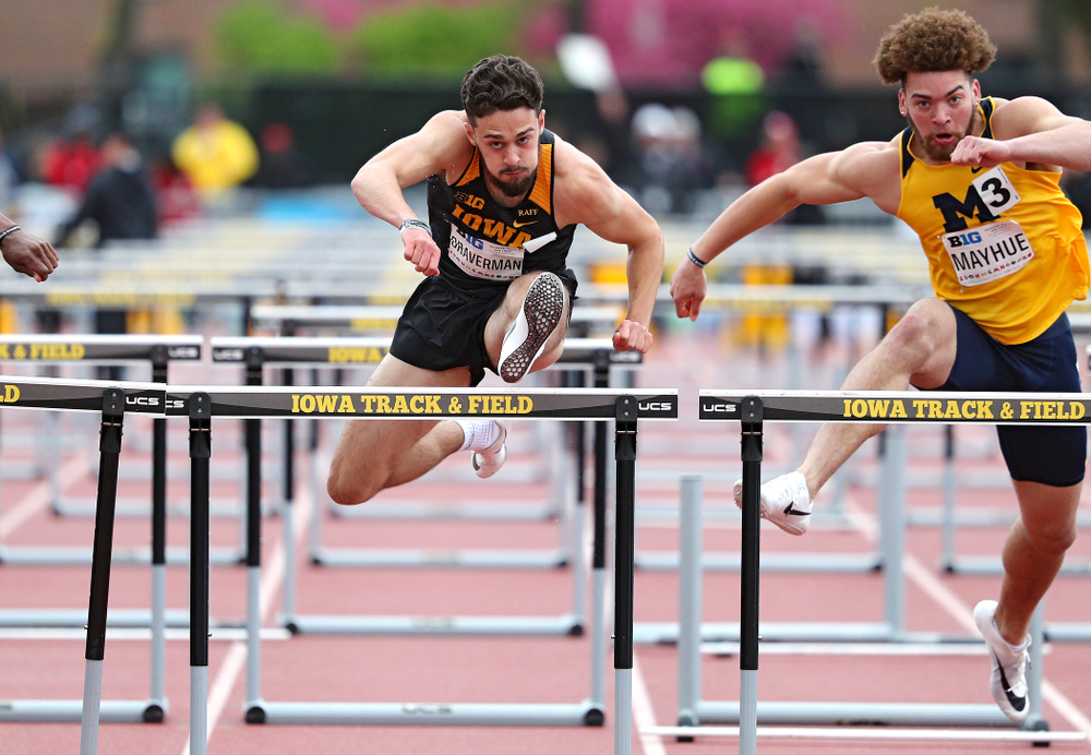 Iowa's Josh Braverman runs the men’s 110 meter hurdles event on the second day of the Big Ten Outdoor Track and Field Championships at Francis X. Cretzmeyer Track in Iowa City on Saturday, May. 11, 2019. (Stephen Mally/hawkeyesports.com)