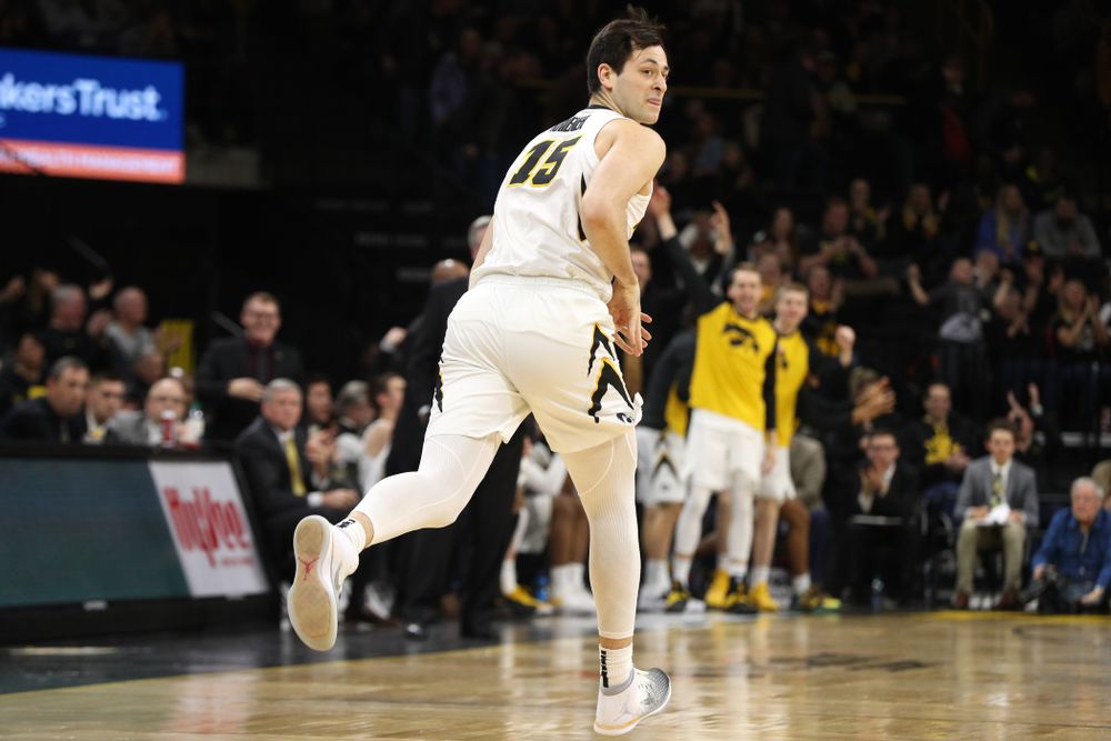 Iowa Hawkeyes forward Ryan Kriener (15) against the Michigan Wolverines Friday, February 1, 2019 at Carver-Hawkeye Arena. (Brian Ray/hawkeyesports.com)
