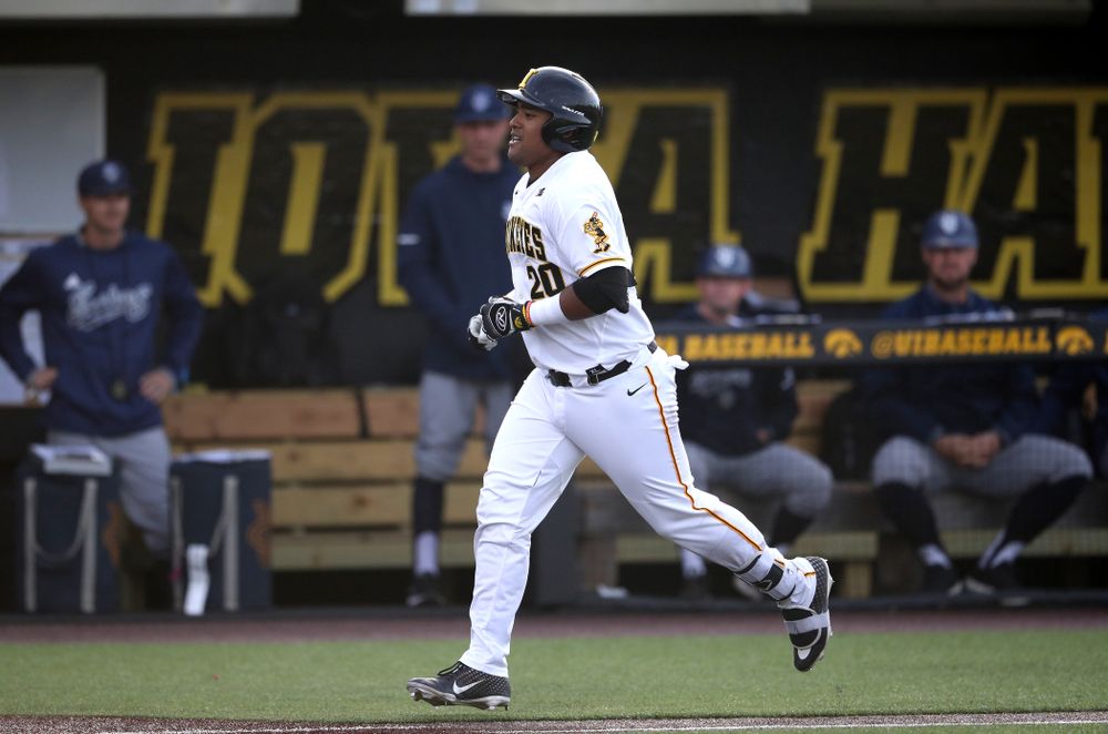 Iowa Hawkeyes Izaya Fullard (20) hits a home run during game one against UC Irvine Friday, May 3, 2019 at Duane Banks Field. (Brian Ray/hawkeyesports.com)