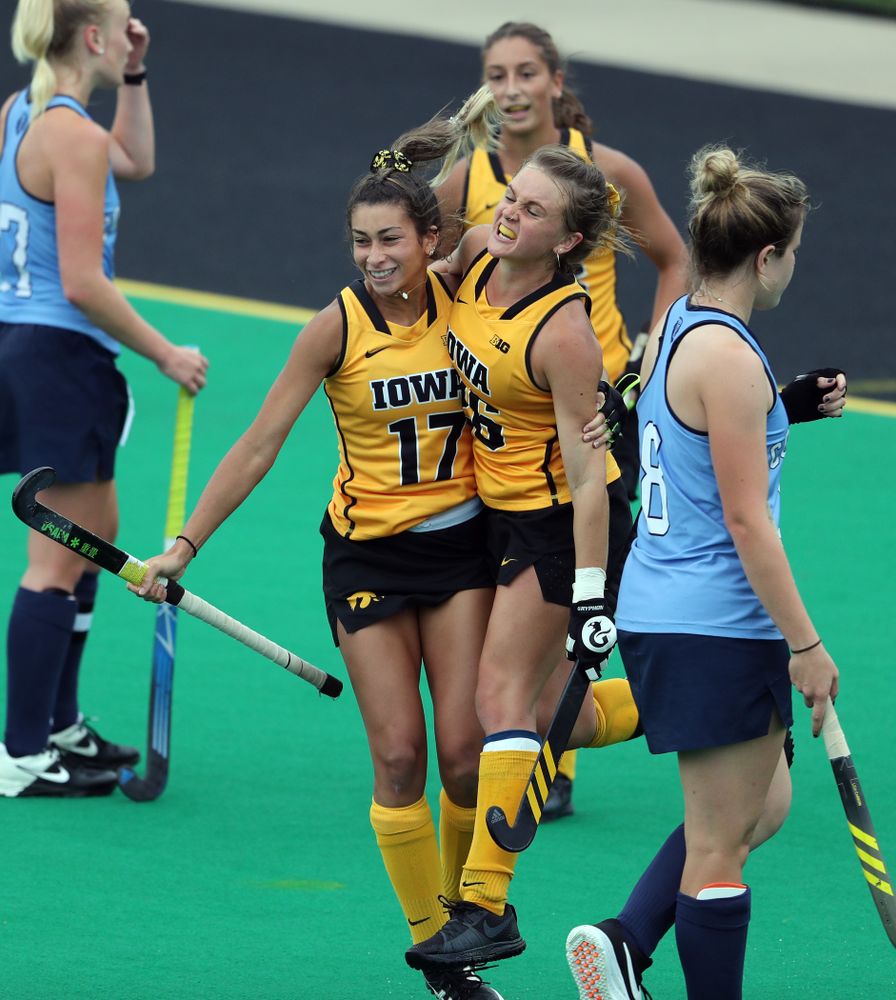 Iowa Hawkeyes forward Ciara Smith (17) celebrates a goal with forward Maddy Murphy (26) against Columbia Sunday, September 8, 2019 at Grant Field. (Brian Ray/hawkeyesports.com)