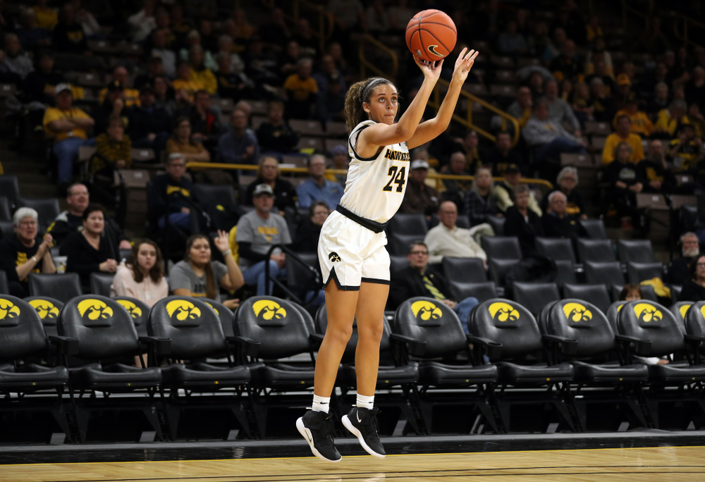 Iowa Hawkeyes guard Gabbie Marshall (24) knocks down a three point basket against North Alabama Thursday, November 14, 2019 at Carver-Hawkeye Arena. (Brian Ray/hawkeyesports.com)
